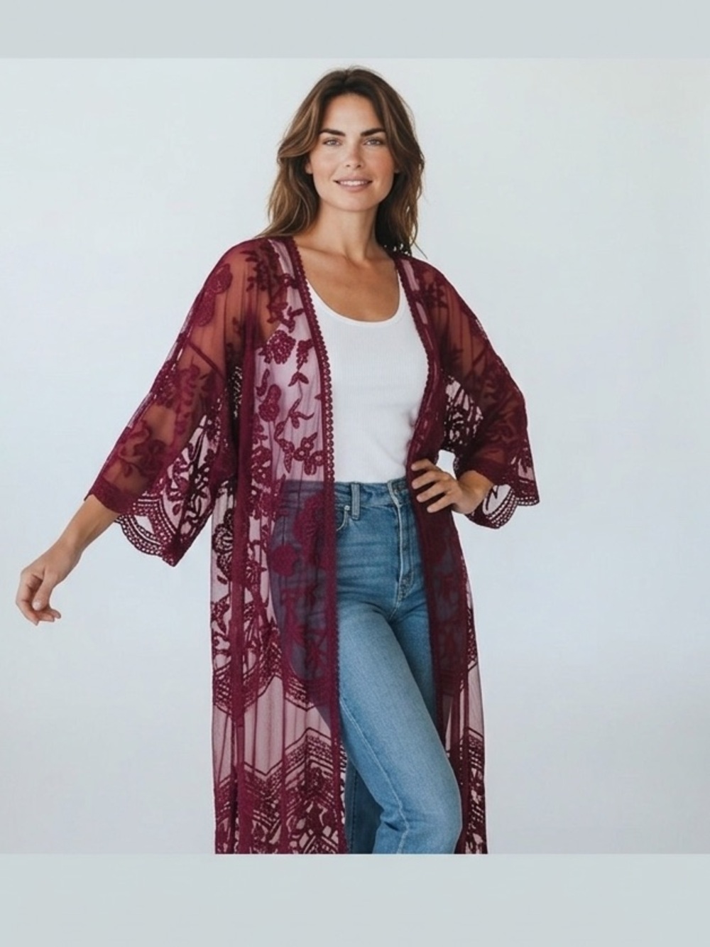 She + Sky Burgundy Lace Kimono S/M – Boho Floral Mesh Embroidered Cover Up